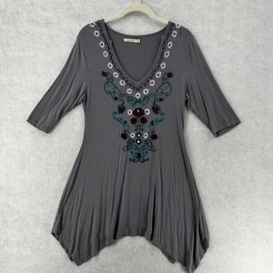 Anthropologie Caite Dress Womens MEDIUM Floral Embroidered Tunic‎ Boho Midi